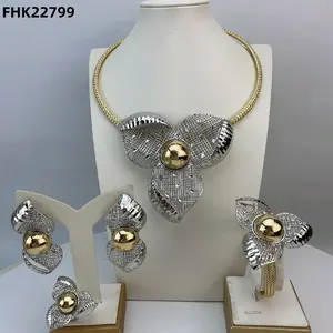 FHK22799 Elegant Silver & Gold Jewelry Set with Rhinestone Accents for Women's Fashion