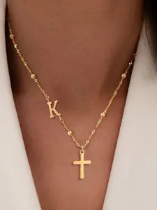 Women's Vintage Initial Cross Pendant Necklace, Cross Necklaces, Stainless Steel Chain, Classic Beaded Design, Elegant Jewelry Gift for Her, Modern Versatile Accessories, Initial Letter Necklace