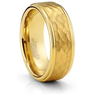 Men's Black Tungsten Ring Wedding Band Goldtone Hammered Center 8MM Comfort-Fit