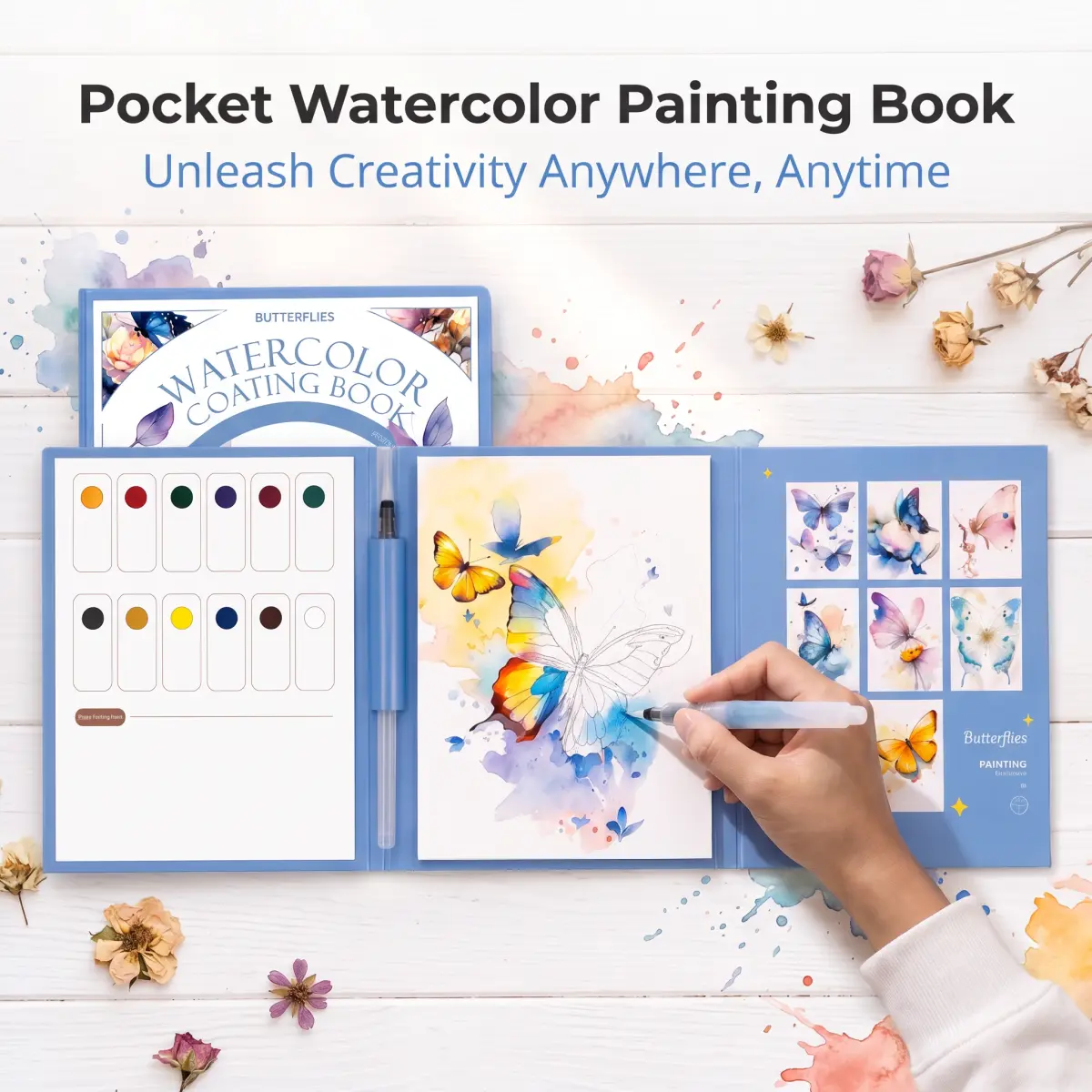 Portable Watercolor Paint Set for Kids+Adults, Compact Pocket Portable Pack for Travel Artists with Water Brush Pen & Tri-Fold Watercolor Paper Book, DIY Art Coloring Supplies for Artistic Play