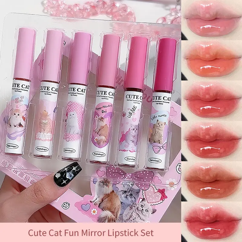 Cute Cat Fun Mirror Lipstick Set 6-Piece Mirror Glass Lip Glaze Water-Light Jelly Gloss Korean Tint Moisturizing Makeup for Girls Women