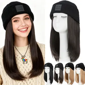 18Inch Beanie Hat Wig with Knitted Cap Synthetic Hair Extensions for Women Long Straight & Wavy Curly Black/Blue/White