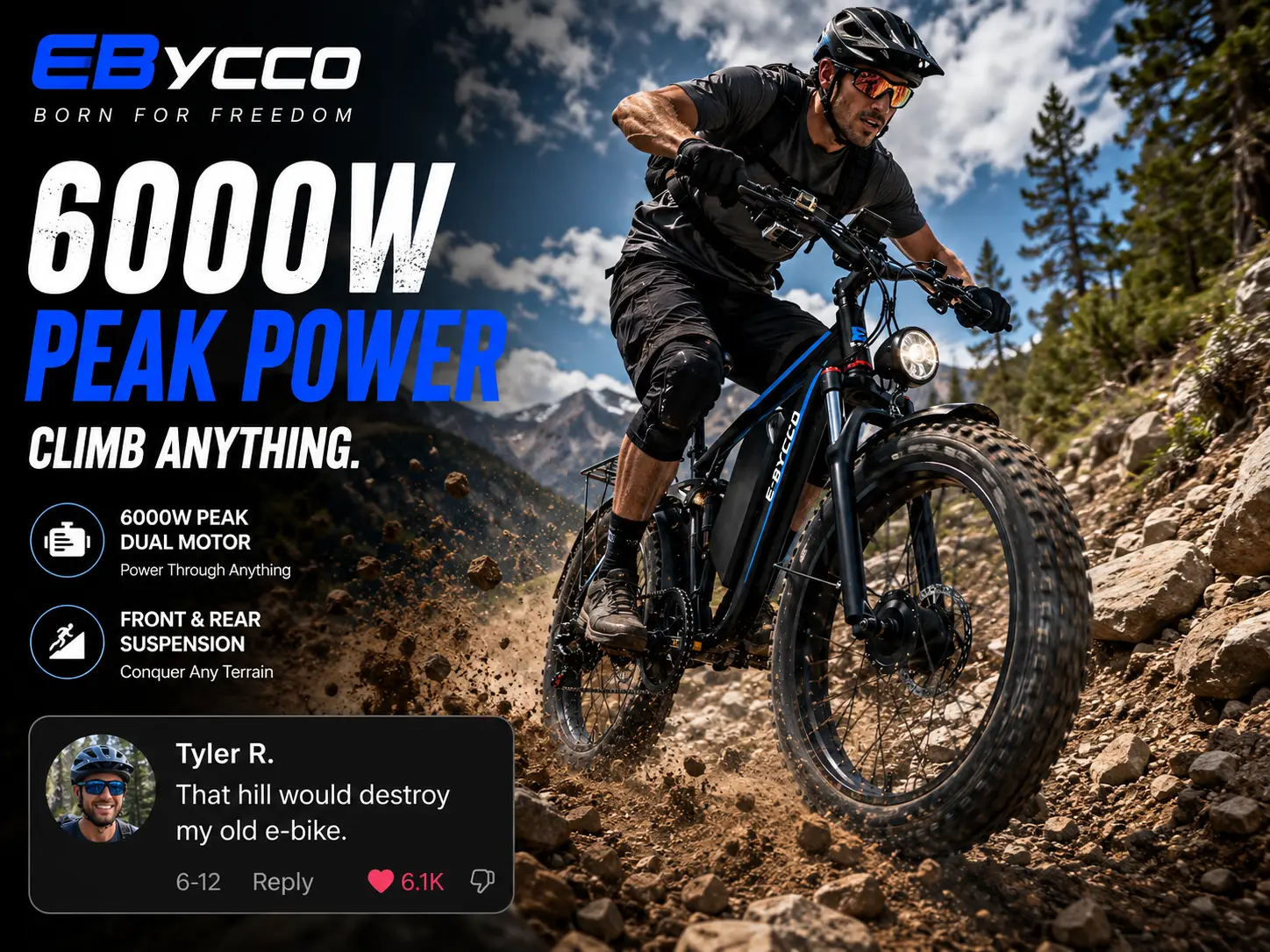 EBycco EB7PRO 6000W Dual Motor E-Bike for Adults, Electric Tire Bike, 52V 32Ah, Top Speed 40–45 mph, 100-mile range, hydraulic disc brakes, 24/26-inch fat off-road hunting e-bike, full suspension electric bicycle Motorcycle