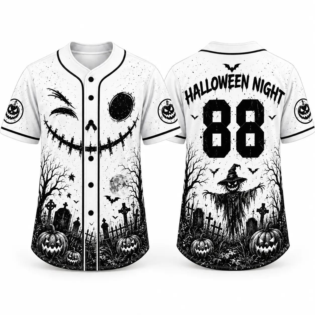 Halloween black-and-white horror print short-sleeve baseball shirt featuring pumpkin, graveyard, and scarecrow elements, a loose button design, and an eye-catching “88” number printed on the back, suitable for parties and casual streetwear.