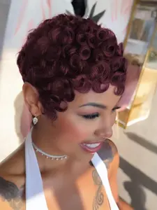 Pixie Cut Curly Human Hair Wigs for Women Short Layered Pixie Wigs With Bangs Dark 99j Color Short Curly Human Hair Wig Deep Curly Wig