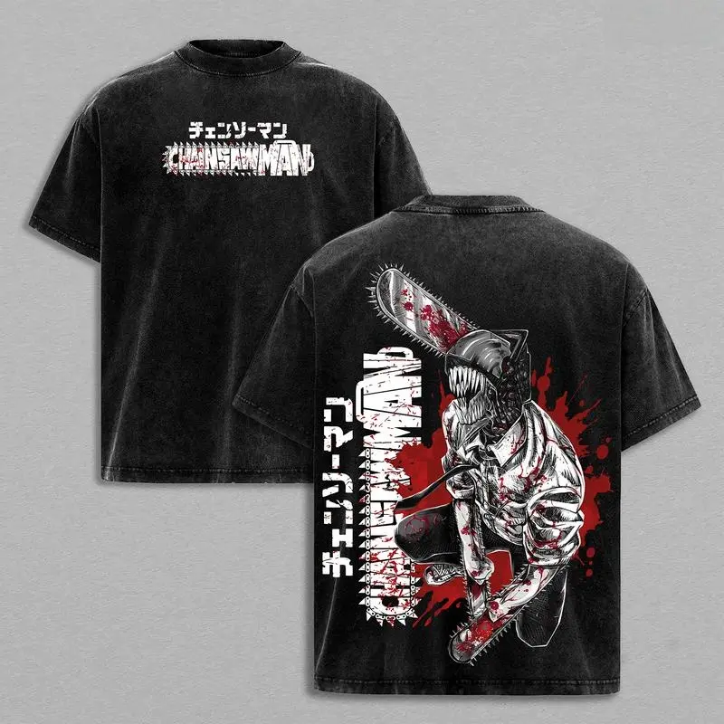 Men's Soft Oversized Heavyweight Cotton Short-Sleeve T-Shirt - Denji Chainsaw Man Anime Double Printed Vintage Washed Unisex Apparel, Made To Order for Anime Enthusiasts