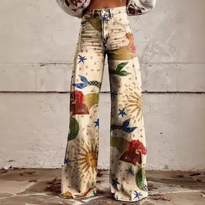 Women's Casual Pants Trendy Imitation Jeans Wide-Leg Digital Printing Twill Trousers Retro Hip-Hop Embroidered Wide Jeans