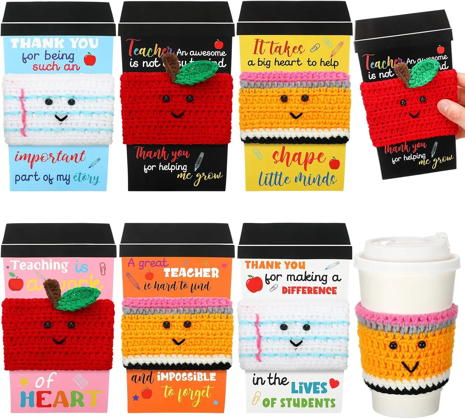 6/12 Pcs Back to School Teacher Gifts Crochet Coffee Cup Sleeves Back to School Teacher Gifts Handmade Coffee Cup Cozies Reusable Drinkware Covers Cute Teacher Gifts for Classroom Office Thanksgiving Appreciation Gifts