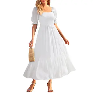 Holipick Women's Casual Dress Square Neck Smocked Shirred Puff Sleeve Cute Long Flowy Maxi A Line Boho Dresses