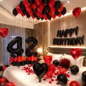 56PCS Red Black Birthday Party Decorations Set, Happy Birthday Foil Balloons, Red Heart Balloons, Black Red Latex Balloons, Ribbon & Glue Dots for Men Women Boys Girls Adult Birthday Decor