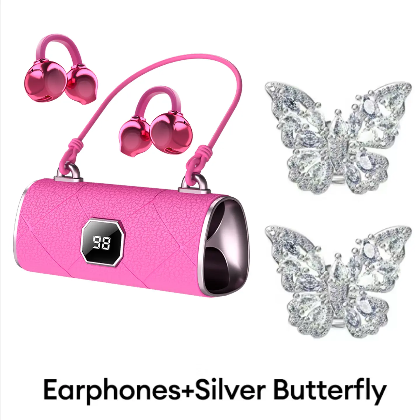 Open Ear Wireless Earbuds, Women Handbag Earphones with Pearl Chain and Butterfly Earrings, Lightweight Clip On Earbuds with LED Digital Display, Fast Charging Case, Noise Cancelling Mic for Running Gym Workout - Gifts for Women