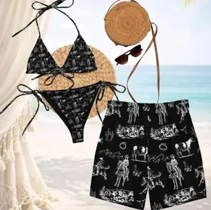 Matching Yeehaw Ranch Life Couples Swimwear Set – Tie Side Thong Bikini & Men’s Beach Shorts, Hawaiian Style His & Hers Beachwear