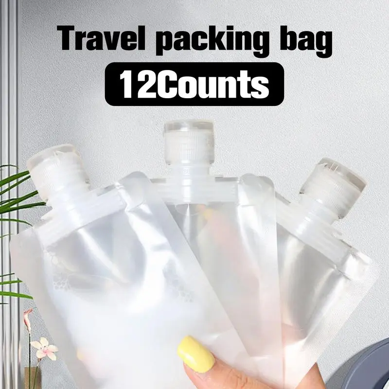 12 Pack Travel Toiletry Pouches, Portable Refillable Containers, Stand Up Pouch Bottles for Shampoo, Conditioner & Cosmetics, Leak Resistant Travel Accessories