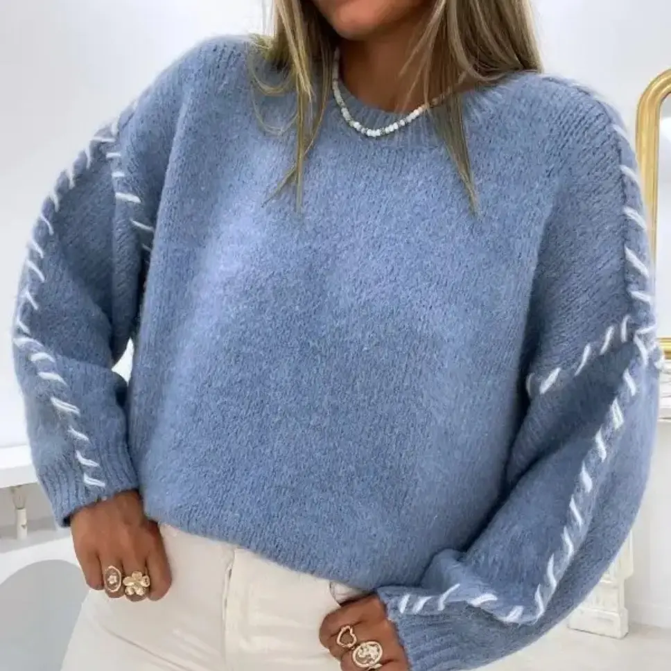 Cloud Whisper Knit Sweater Round Neck Stitch Design Loose Pullover