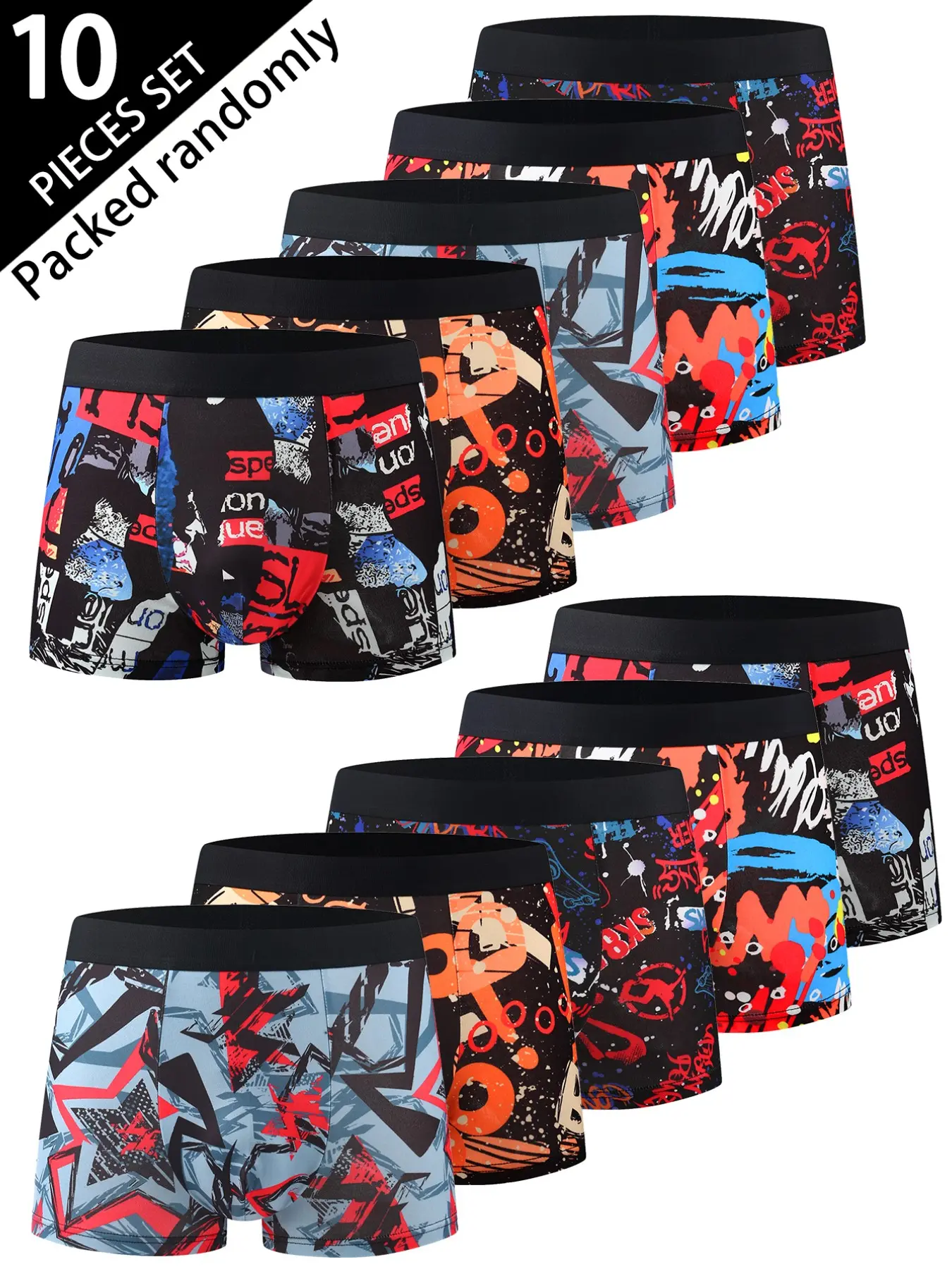 10-Pcs Set Men's Casual Boxer Briefs, Colorblock Graffiti Geometric Pattern, Soft Stretchy Elastic Thin Trunks, Sportswear Streetwear Underwear, Trendy New Design