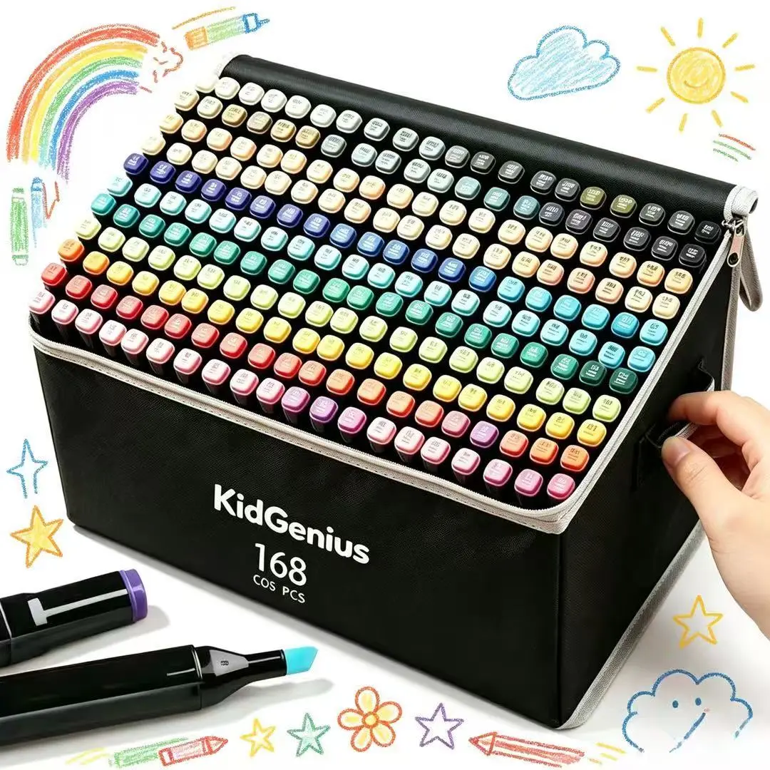 KIDGENIUS Dual-Tip Alcohol-Based Markers Set (262/168/120 Count) - Quick-Dry, Blendable, Vibrant Art Markers with Carrying Pouch for Artists, Ideal for Painting, Drawing, Creativity