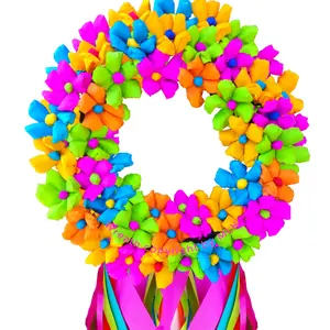 Vibrant Spring Fiesta Home Decor Wreath with Colorful Flowers and Foliage for Hanging on Wall or Door - Handcrafted Crepe Paper Materials - Perfect for Spring, Fiesta, and Summer Seasons - Home Supplies, Home Decor, Hanging Decor