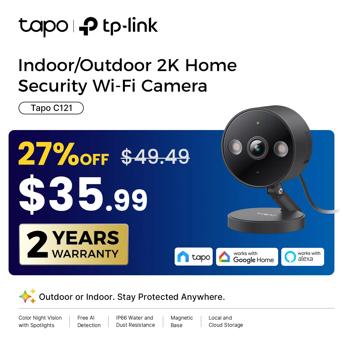 TP-Link & Tapo C121 2K QHD Indoor/Outdoor Wi-Fi Home Security Camera |  Color Night Vision | Free AI Detection | IP66 | Magnetic Mount | Dual Spotlights  #SummerWins #DealsForYouDays