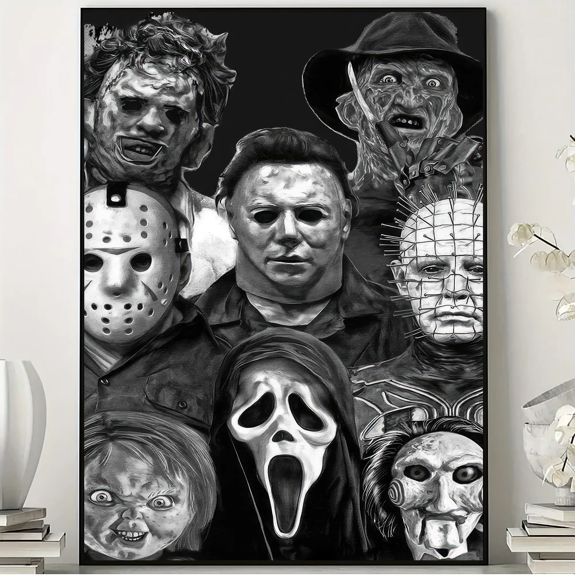 Classic Horror Villains Poster, Black and White Slasher Wall Art, Retro Scary Movie Print, Halloween Horror Room Decor, Spooky Gothic Poster