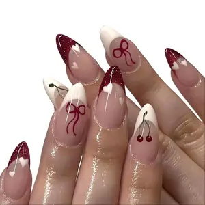 24Pcs French Tip Press on Nails Medium Almond Fake Nails Red Cherry Bow Heart Designs Glossy False Nails Valentines Day Cute Acrylic Gel Glue on Nails
