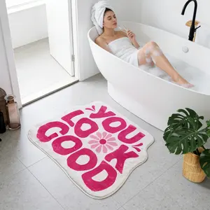 Creative "YOU LOOK GOOD" English pattern bathroom special-shaped floor mat cute home decoration bathroom non-slip carpet warm bedroom bedside carpet household washable door carpet pink and white contrasting color balcony leisure area carpet