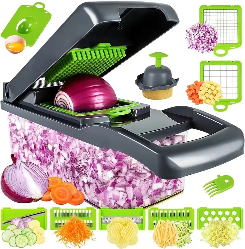 14-in-1 Multifunctional Vegetable Chopper with Built-In Container - Easy-Clean, Dishwasher-Safe Mini Food Processor for Efficient Meal Prep