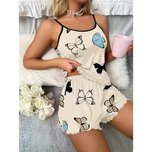 New Soft Polyester Blend Ladies' Relaxed Butterfly Pajama Set with Fine Shoulder Straps and Knit Fabric
