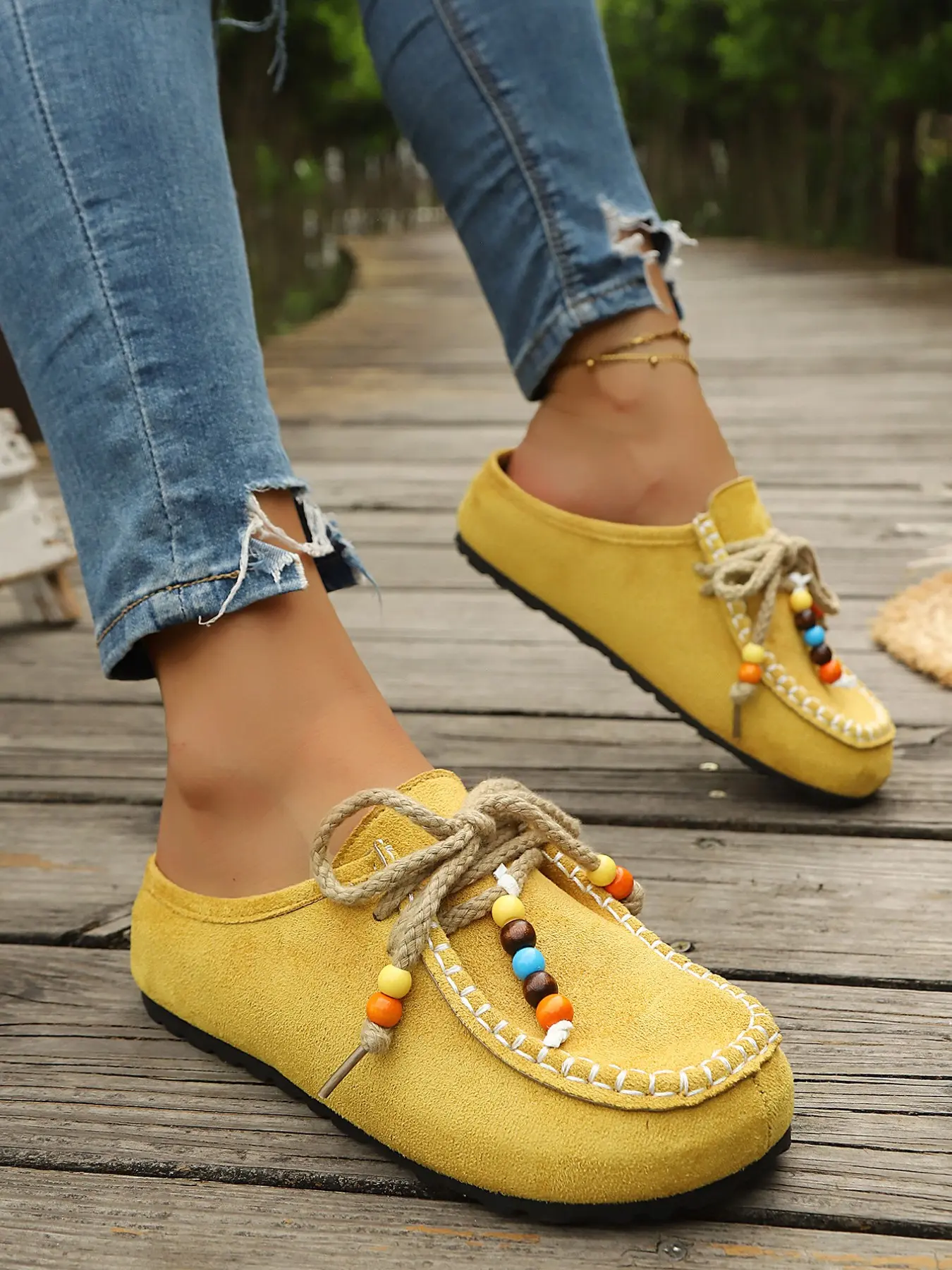 Bohemian Beaded Strap Mule Slip-On Women's Shoes, Vintage Ethnic Style, Vintage Aesthetic, Textile Upper, Rubber Sole, All Seasons, Daily Wear, Walking Shoes, Yellow Footwear, Breathable Mules