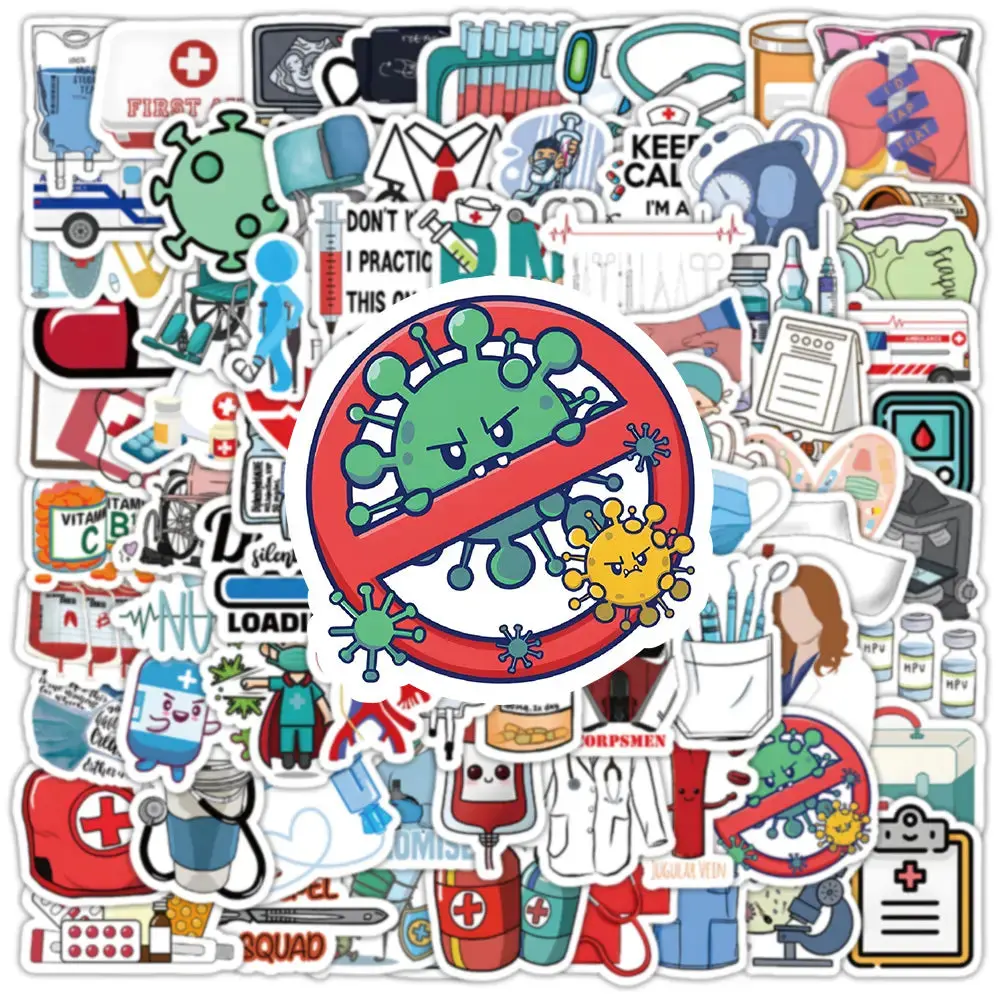 100 Cartoon Medical Stickers Cute Healthcare Decals for EMT EMS Students Laptop Notebook Water Bottle