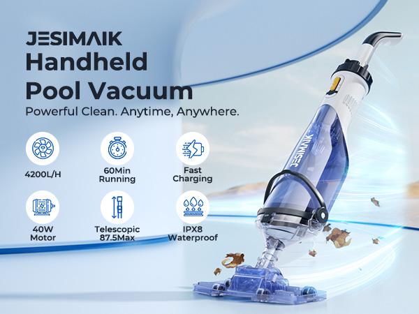 Pool Vacuum for Above Ground Pool, JESIMAIK 18.5 GPM Powerful Suction Pool Vacuum with Telescopic Pole, 60min Runtime Dual Head Rechargeable Pool Cleaner,Ideal for Leaves, Debris