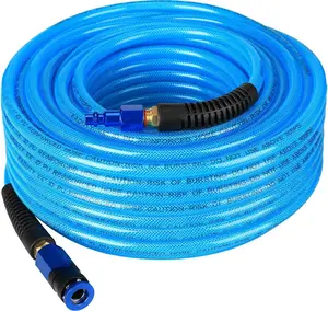 Heavy Duty Reinforced Polyurethane Air Hose 1/4 in x 100 ft, Lightweight, Flexible Compressor Hose with Universal Quick Coupler, Plug and Bend Restrictors, Blue