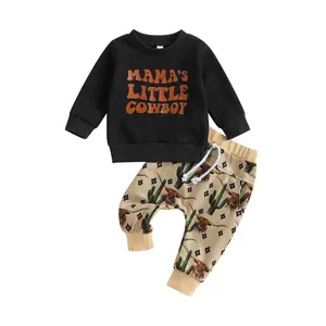 Western Baby Boy Clothes Cow Print Sweatshirt Pullover Tops Elastic Waist Jogger Pants 2Pcs Toddler Boy Cowboy Fall Winter Outfits