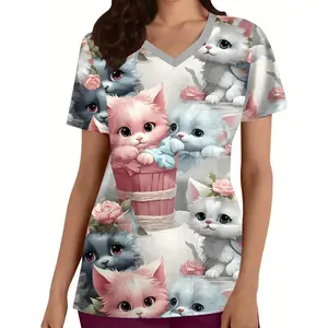 ComfortablePolyesterV-NeckScrubTop-CharmingCatPrintShortSleeveforWomen-StylishHealthcareUniformwithPocketsscrubswomenteacherclothes