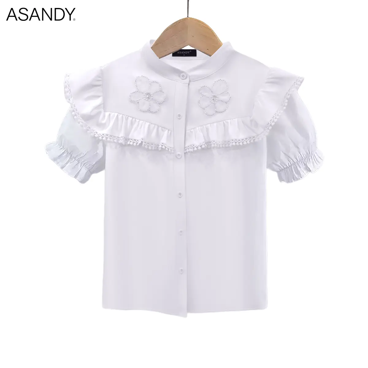 ASANDY Women's White Collared Blouse with 3D Floral Applique, Polyester Puff Short Sleeves and Feminine Pom-Pom Lace Ruffle, Clothes, Ready To Wear, 3D Bloom Detail, Pom‑Pom Lace Charm, Puff‑Sleeve Drama