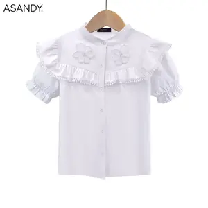 ASANDY Romantic White Blouse 3D Floral Applique + Pom-Pom Lace Ruffle | Feminine Puff Sleeve Blouse for Women