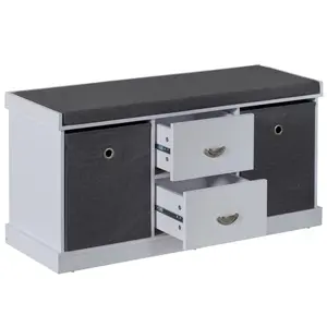 Basicwise  20 x 39 x 14.5 in. White Shoe Storage Bench with Wooden Frame, 2 Drawers, Foldable Baskets, and Comfortable Gray Cushion for Entryway, Hallway, or Bedroom Organization, Foldable Bins