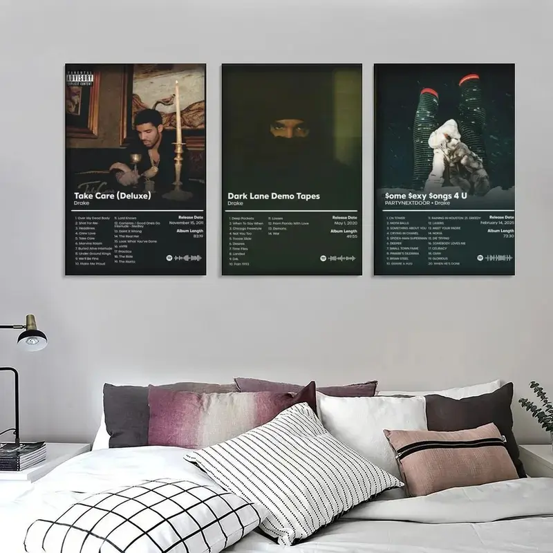 3Pcs Framed Drake Album Cover Graphic Prints - Retro Aesthetic Vintage Wall Art, 8x12"&12x18" Artistic Indoor Decoration, Hip-Hop Music Fan Gift Idea for Bedroom, Living Room Home Supplies