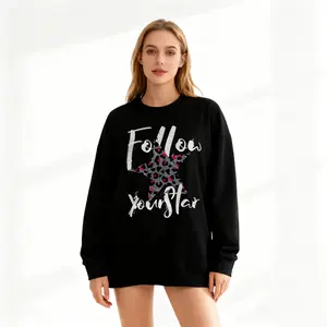 Women's Loose Casual Long Sleeved Pullover Sweatshirt with Leopard Print Star Slogan Urban Streets Spring and Autumn Fashionable Styling Versatile Trendy Outdoor Items