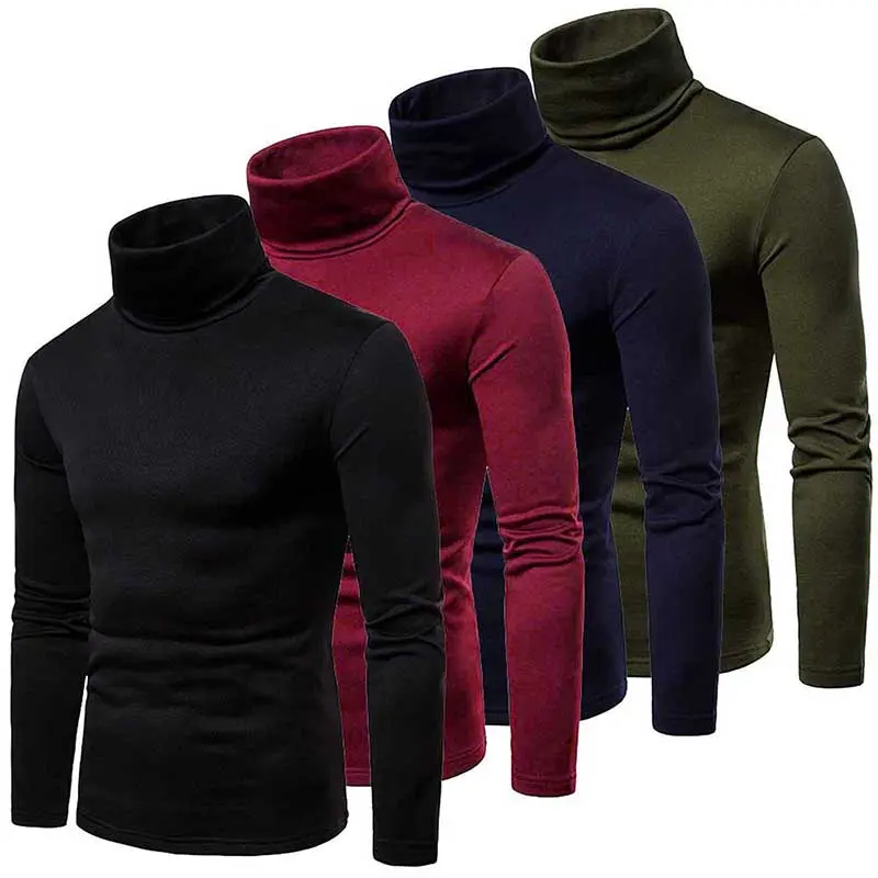 Men's Stylish Turtleneck Shirt, Solid Long Sleeve Polyester Spandex Top - Thermal Base Layer Menswear for Winter Sports, Tops, Fashion, T-Shirt
