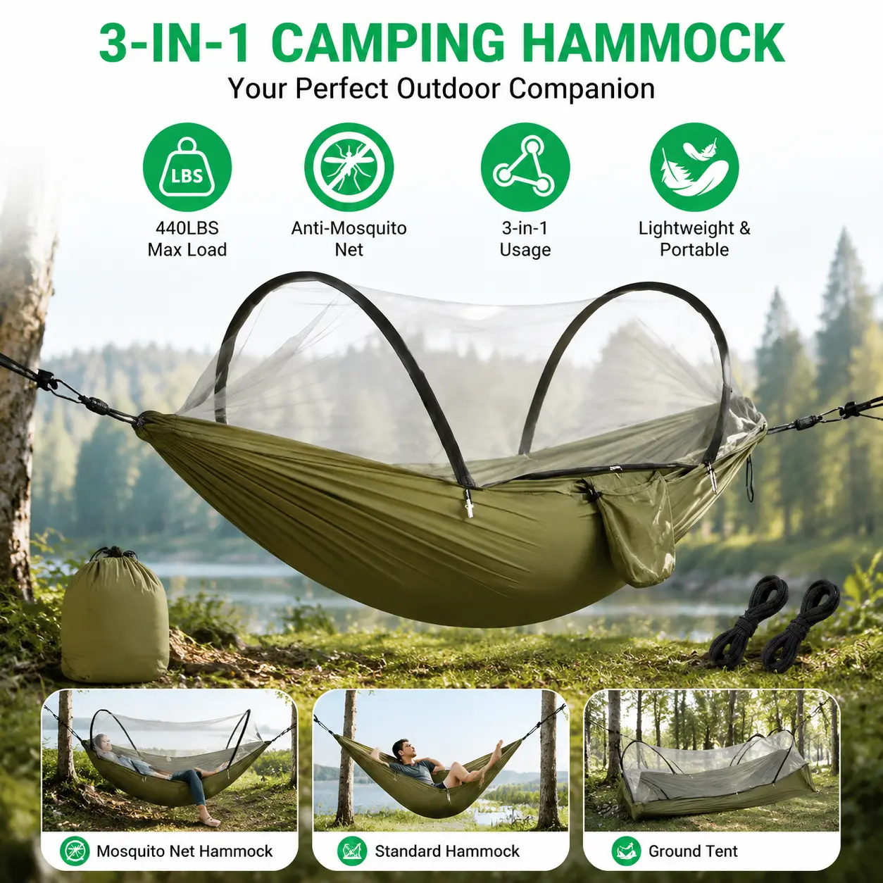 Portable 3-in-1 Hammock Tent - Camping Hammock with Built-In Mosquito Net, Dual Zippers, 440lbs Capacity for Outdoor Quick Setup (Includes Portable, Single-Person, Swinging, Classic Styles)-5652, Portable Hammocks
