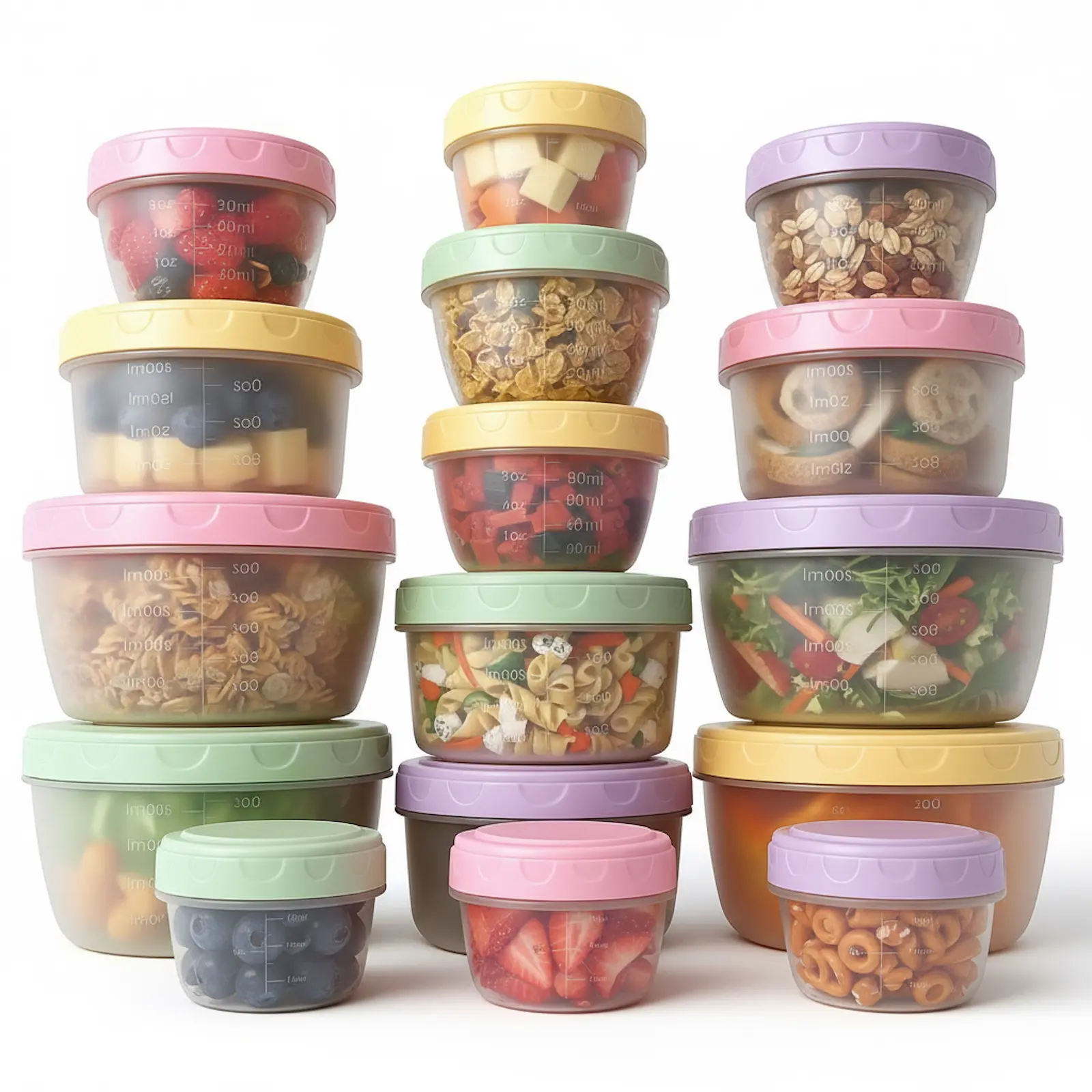 16-Piece Plastic Food Storage Containers with Lids (2oz-18oz) - Leakproof BPA-Free Nesting Fruit Containers, Color-Code Pastel Lids, Condiment Storage Set for Packing Lunches & Leftovers, Dishwasher-Safe