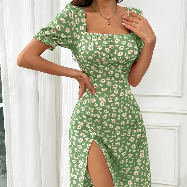 Green Daisy Floral Midi Dress, square neckline, puff short sleeves, high side slit, ruched bust, summer casual tea party dress