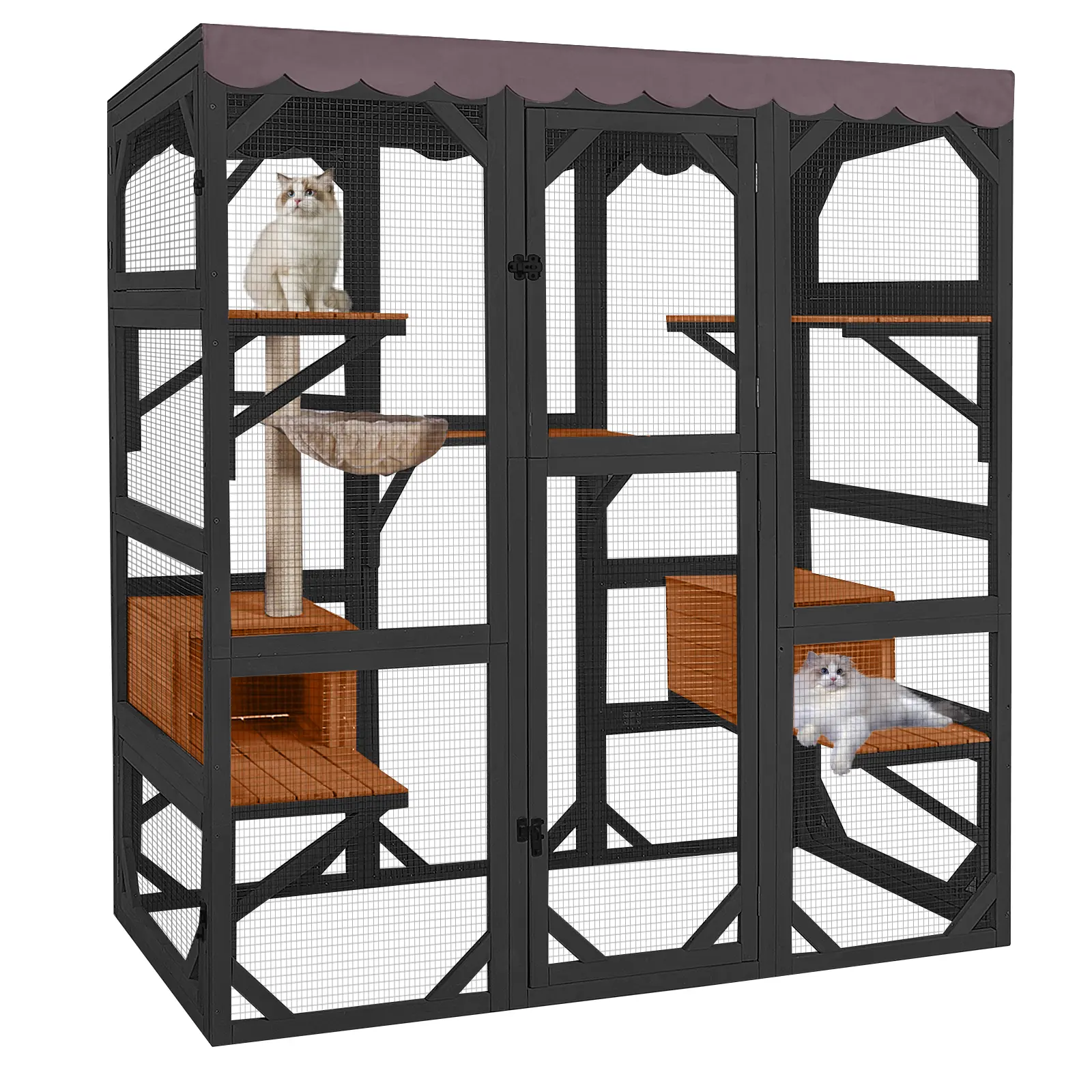 Aivituvin-AIR37-M Large Wooden Cat Enclosure - Walk-in Mesh Outdoor Kitty House with Waterproof Roof Tarp, Wooden Bar on Each Corner, Safe Shelter for Connecting to Windows or Cat Doors