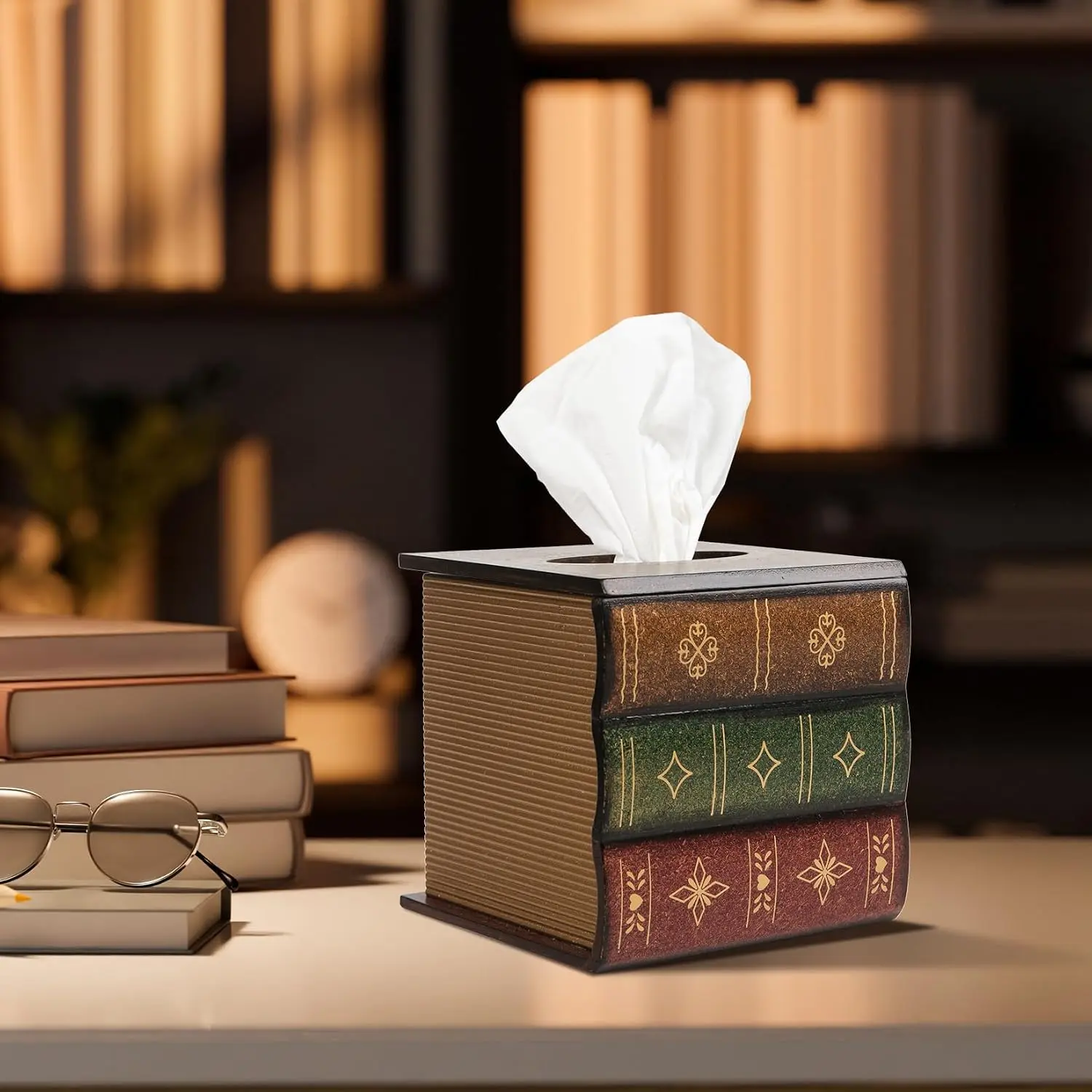 Crafted Classical Retro Wooden Antique Book Tissue Box Cover Square Tissue Holder Dispenser Paper Cover Case Napkin Holder Home Decor for Bathroom Living Room Office car Kitchen (Brown)