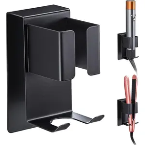 Curling Iron Holder Wall Mount, Hair Straightener Holder, Adhesive Hair Tool Organizer Storage for Styler Attachments, Flat Iron, Blow Dryer Holder for Bathroom Vanity (Black, 1Pc)