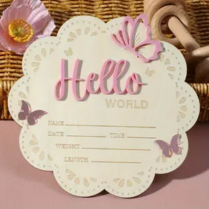 Handmade Wooden Welcome Sign for Newborns, Soft Butterfly Floral Design, Home Kitchen Decor, Customized Decoration, Baptism Gift, Milestone Keepsake
