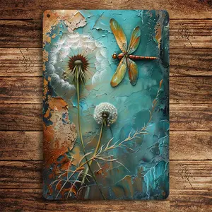 RoomDecor,RetroMetalTinLabelDandelionandDragonflyTinLabelRetroPlaqueDecoration,WallArtDecoration,AluminumMetalTin Label,Indoor/OutdoorDecoration(8x12inches/20*30cm)