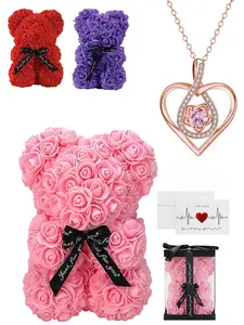 Rose Bear Gift Box, Including Bear Pendant Necklace & Artificial Rose Flower & Greeting Card & Gift Bag, Birthday Gift Jewelry, Fashion for Women & Girls