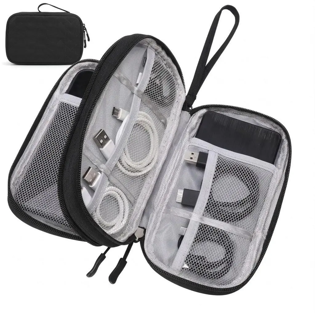 Double Layer Tech Storage Bag - Portable Anti-Tangle Cable Organizer Pouch with Multi-Compartment for Chargers, Earphones, USB Cables, Phone Accessories, Home Desk Clutter Control, Travel Essential for Digital Nomads