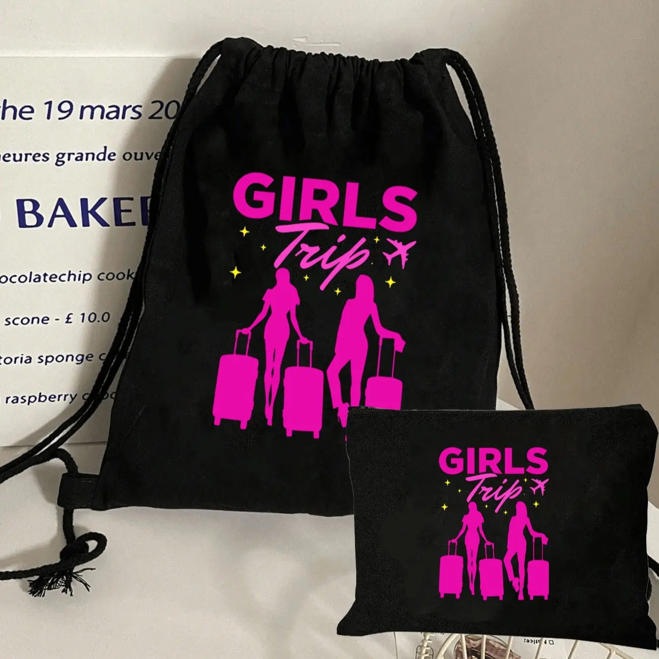 Women's Girls Trip Print Backpack & Makeup Bag Set, Drawstring Backpack, Reusable Cosmetic Pouch, Casual Foldable Shoulder Bag